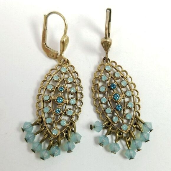 Vintage Blue Beaded Fringe Dangle Earrings, Gold Tone Setting, Marquise Shape - Picture 1 of 6